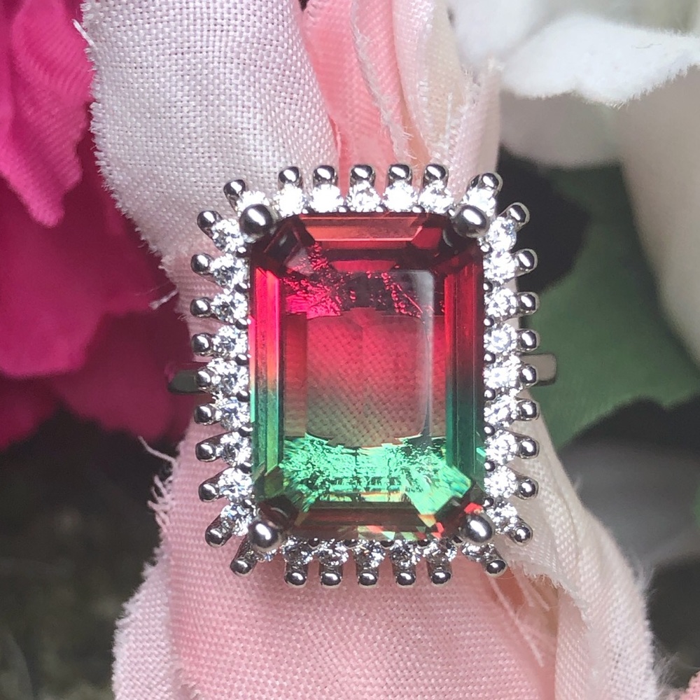 Unique gemstone/cz diamond sterling silver ring 6